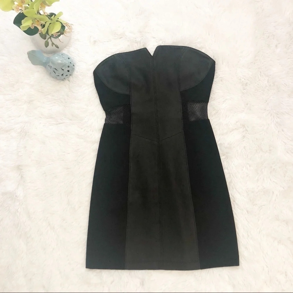 Veda | Black Leather Mesh Cutout Dress (Strapless) - Picture 3 of 8